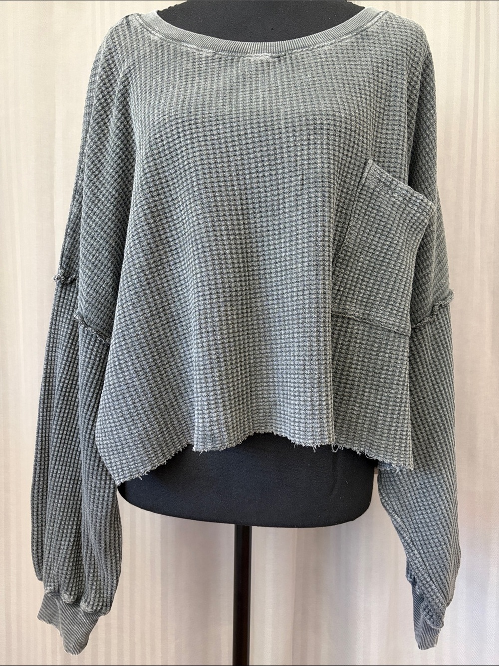 Altar'd State Oversized Cropped Waffle Knit Long-Sleeve Top in Black